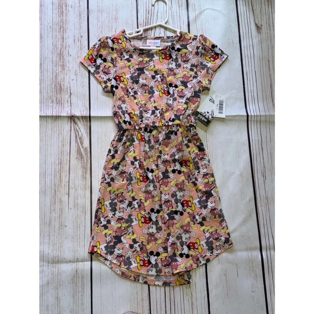 LuLaRoe Disney Mickey Mouse Mae Dress Pink Short Sleeve Pockets Kids Size 8 NWT